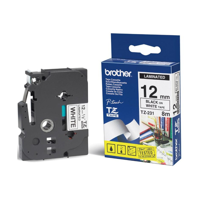 Brother TX-231 - Ruban Etiquette 12mm authentique Brother TX231 - Noir sur Blancj
