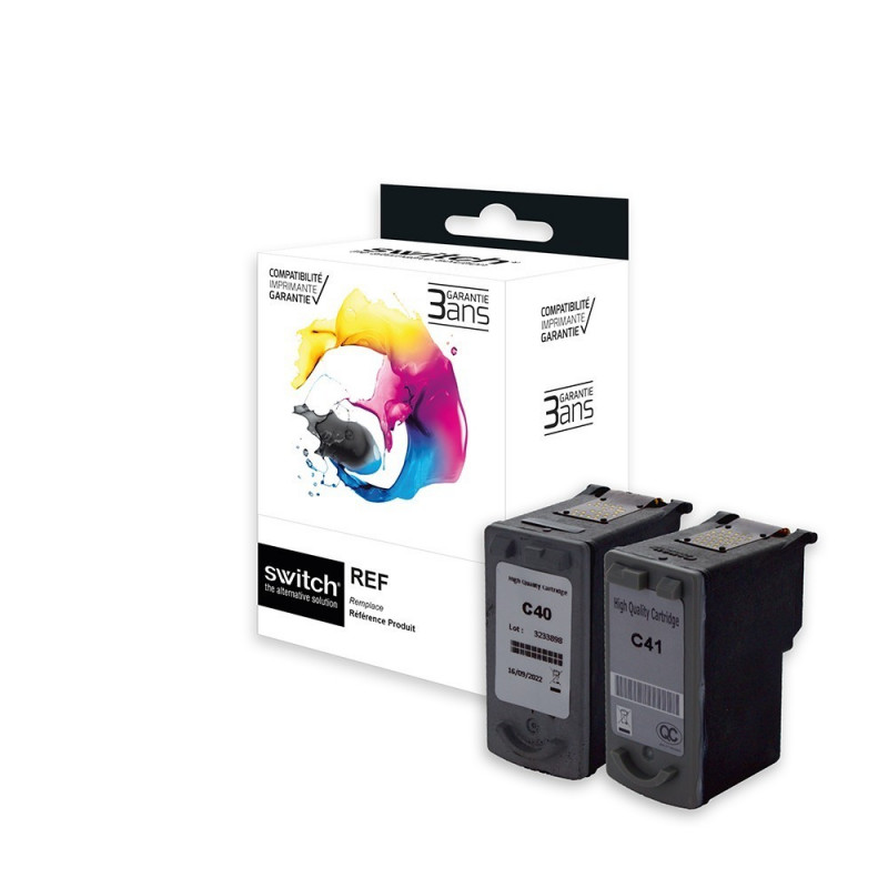 SWITCH Canon C40/C41 Pack x 2 compatible avec PG40, CL41, 0615B001, 0615B036 - Noir + Tricolor