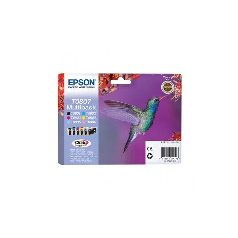 Epson E807 Pack x 6 original C13T08074011 - Noir Cyan Magenta Jaune